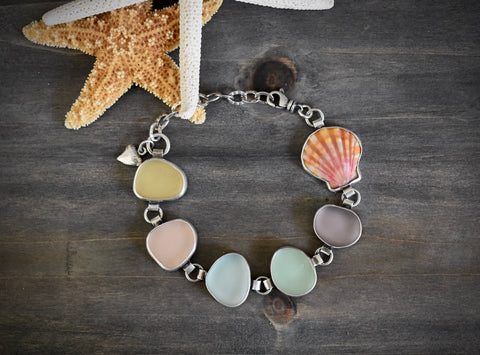 Sea Glass Link Bracelet-Pastels with Hawaiian Sunrise Shell