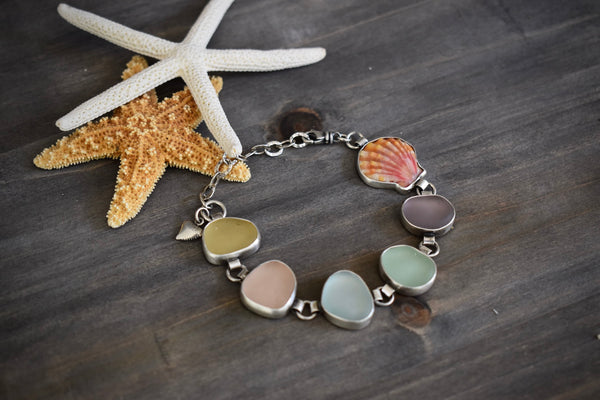 Sea Glass Link Bracelet-Pastels with Hawaiian Sunrise Shell