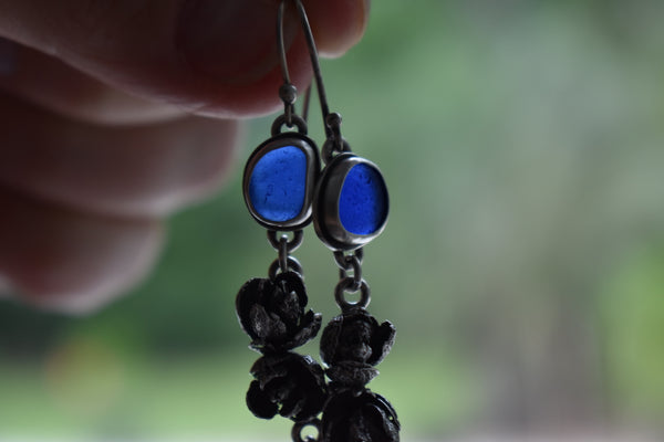 Sea Glass and Cedar Cone Earrings in Cobalt