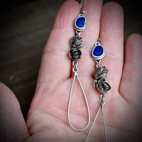 Sea Glass and Cedar Cone Earrings in Cobalt