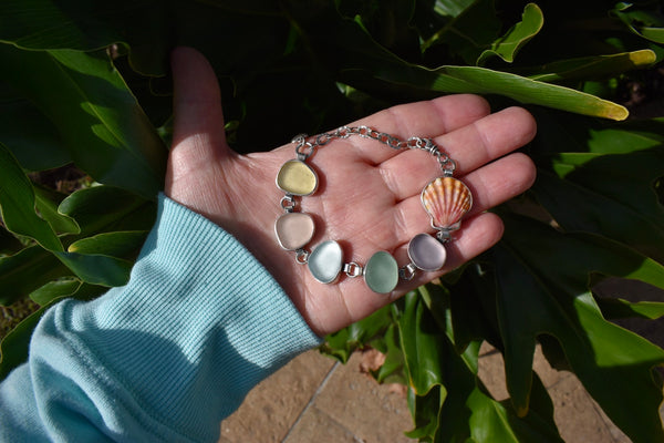 Sea Glass Link Bracelet-Pastels with Hawaiian Sunrise Shell