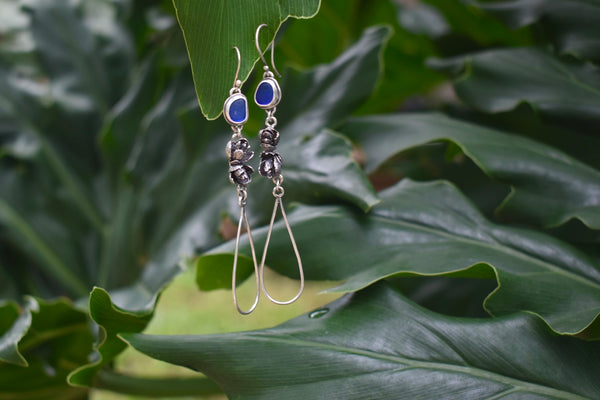 Sea Glass and Cedar Cone Earrings in Cobalt