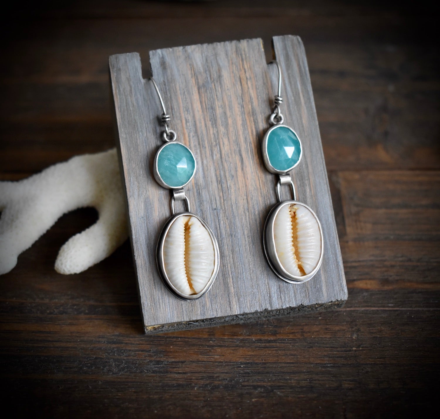 Hawaiian Cowrie Shell and Amazonite Earrings