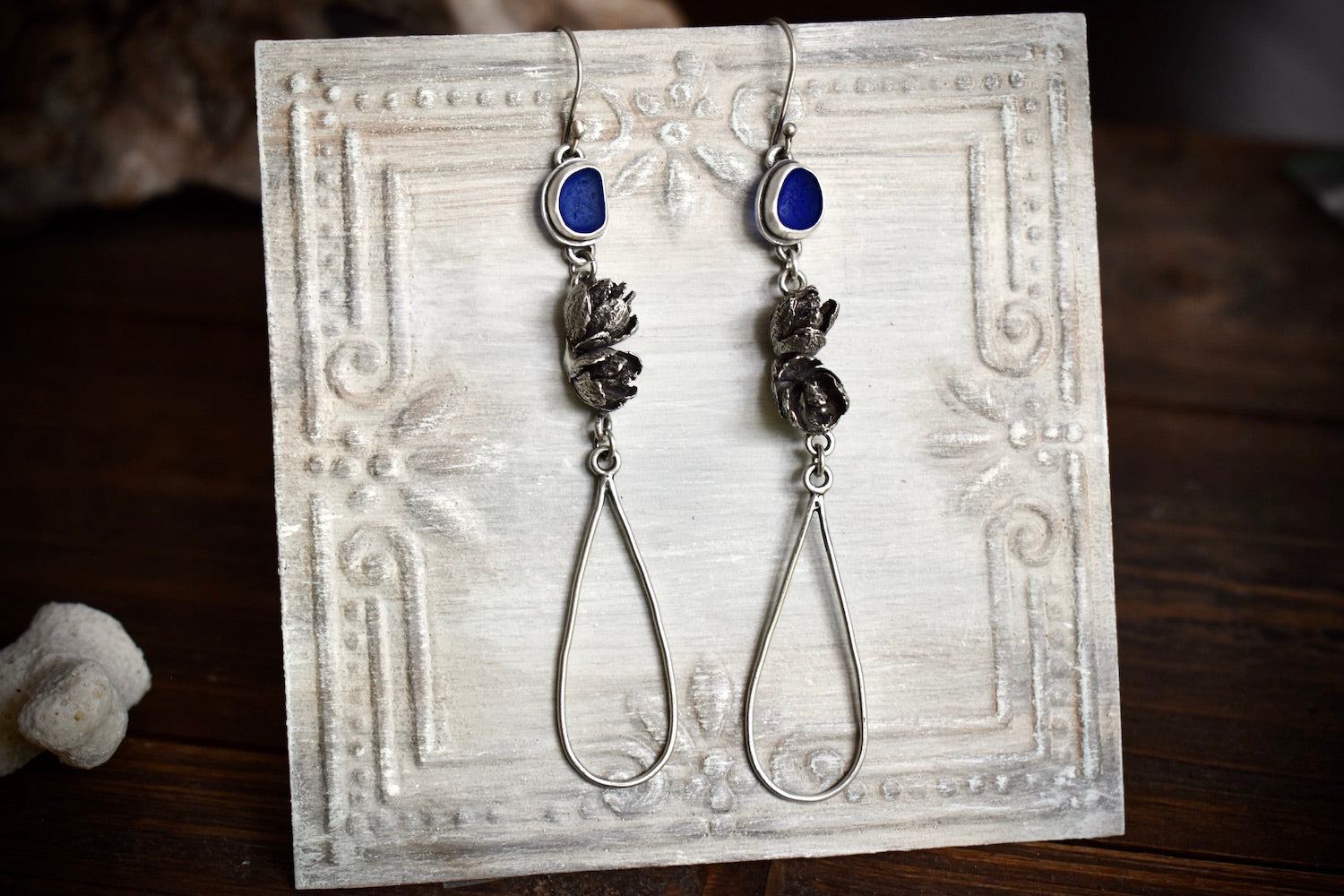 Sea Glass and Cedar Cone Earrings in Cobalt