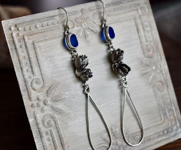 Sea Glass and Cedar Cone Earrings in Cobalt