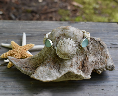 Fossilized Sand Dollar and Sea Glass Beaded Bracelet