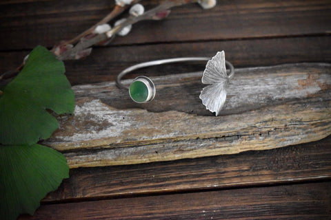 Ginkgo Leaf and Sea Glass Cuff