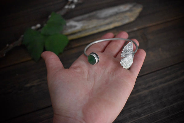 Ginkgo Leaf and Sea Glass Cuff