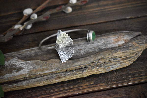 Ginkgo Leaf and Sea Glass Cuff