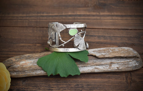 Ginkgo Leaf and Sea Glass Statement Cuff