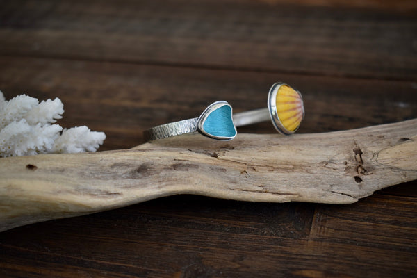 Sunrise Shell and Sea Glass Cuff-Turquoise Heart