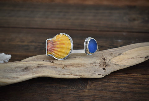 Sunrise Shell and Sea Glass Cuff-Cobalt