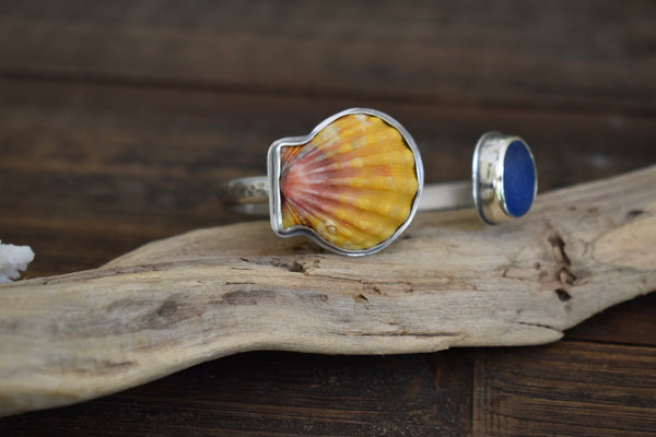 Sunrise Shell and Sea Glass Cuff-Cobalt