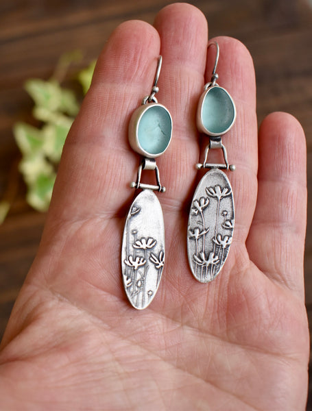 Aqua Sea Glass Wildflower Earrings