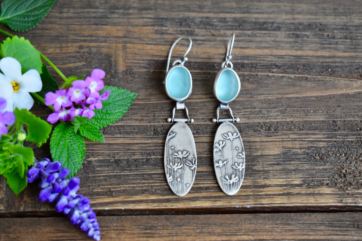 Aqua Sea Glass Wildflower Earrings