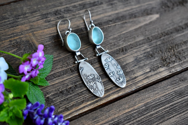 Aqua Sea Glass Wildflower Earrings