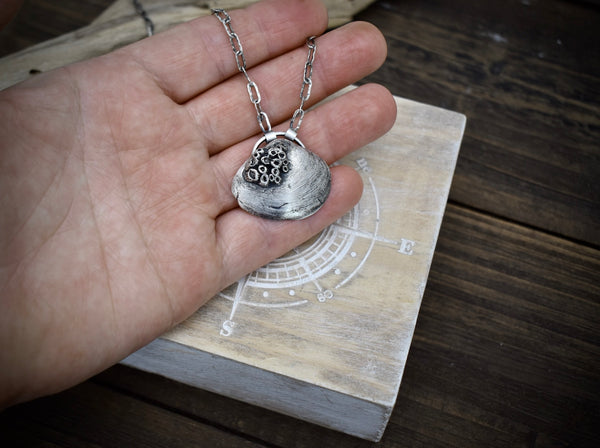 Sterling Sea Worn Clam with Barnacle Cluster Necklace