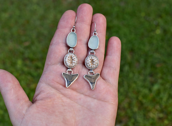 Sea Glass, Coral and Shark Tooth Earrings