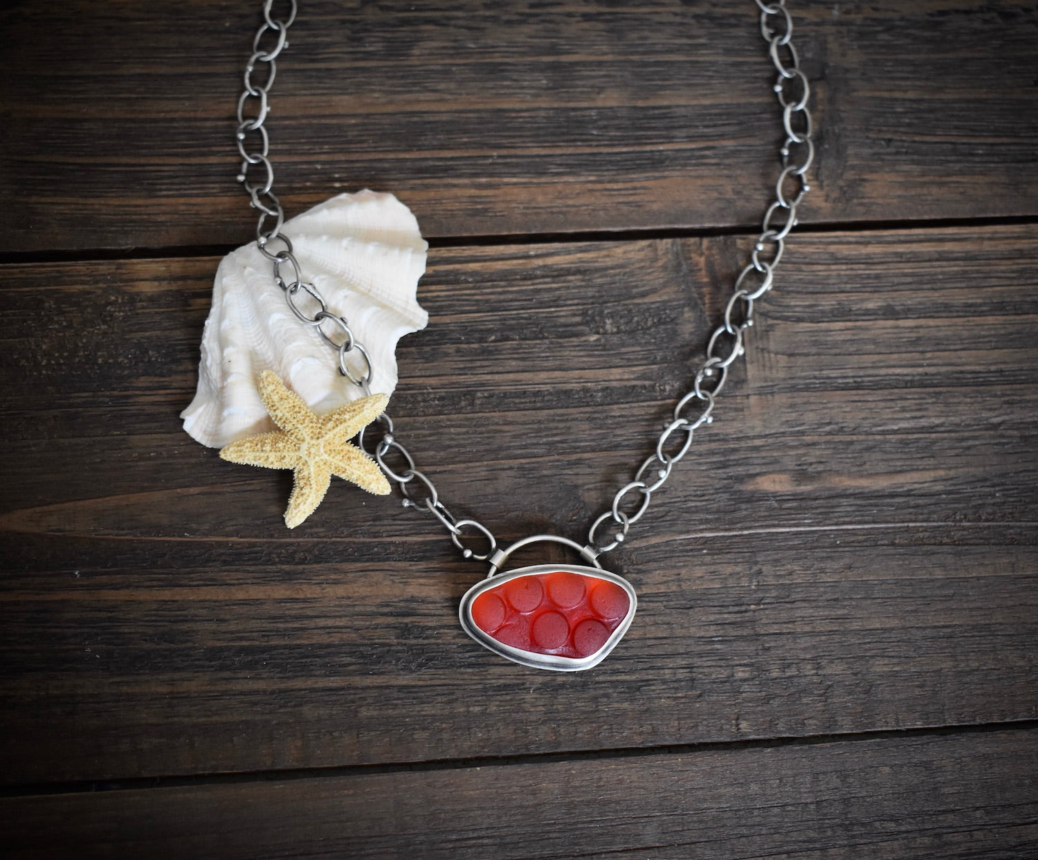 Fiery Red Hobnail Sea Glass Necklace