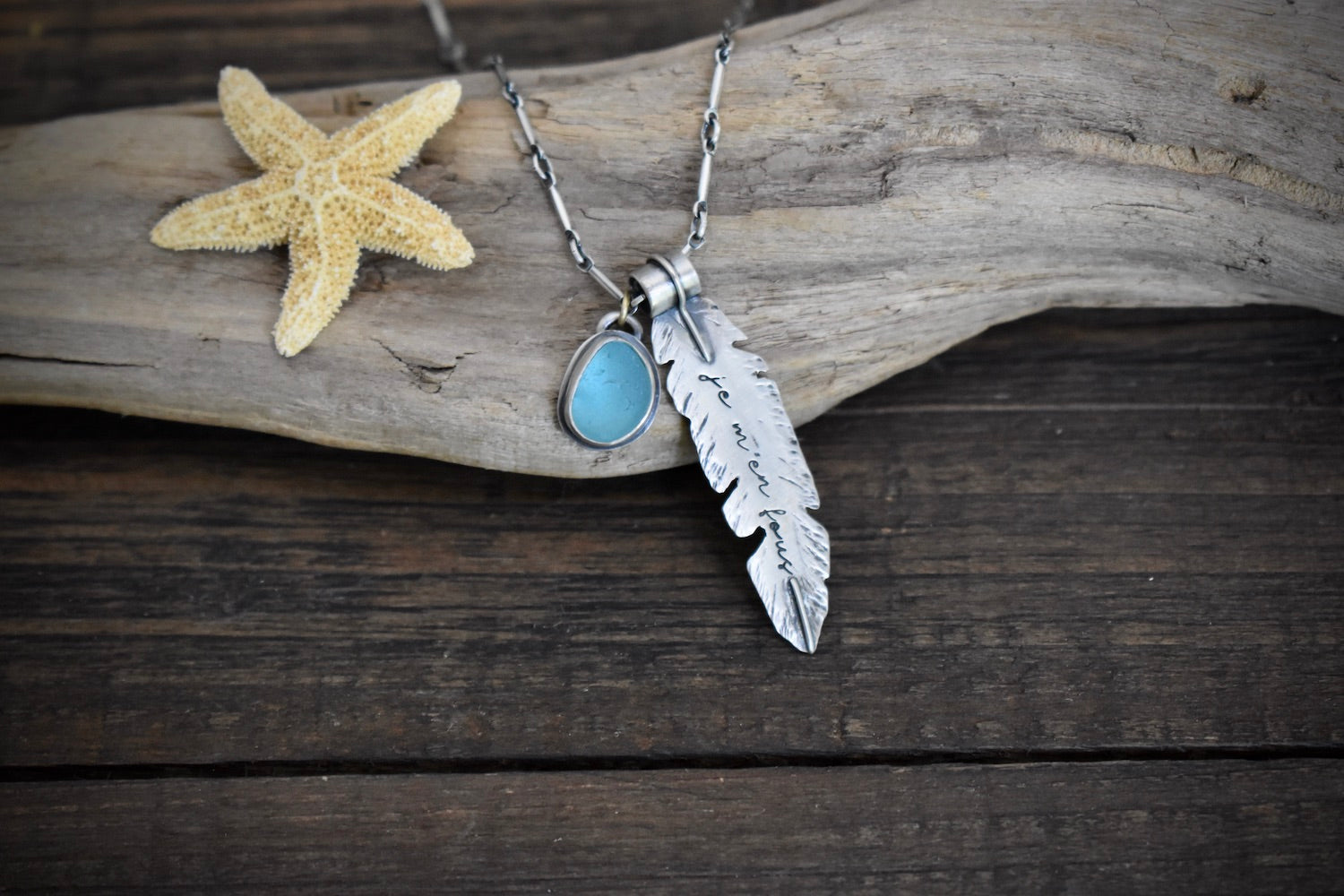 "Je M'en Fous" Feather with Sea Glass Necklace