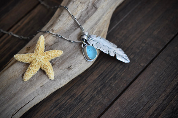 "Je M'en Fous" Feather with Sea Glass Necklace