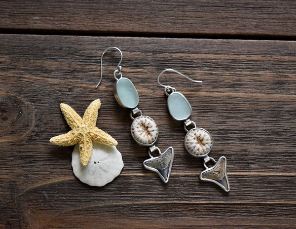 Sea Glass, Coral and Shark Tooth Earrings