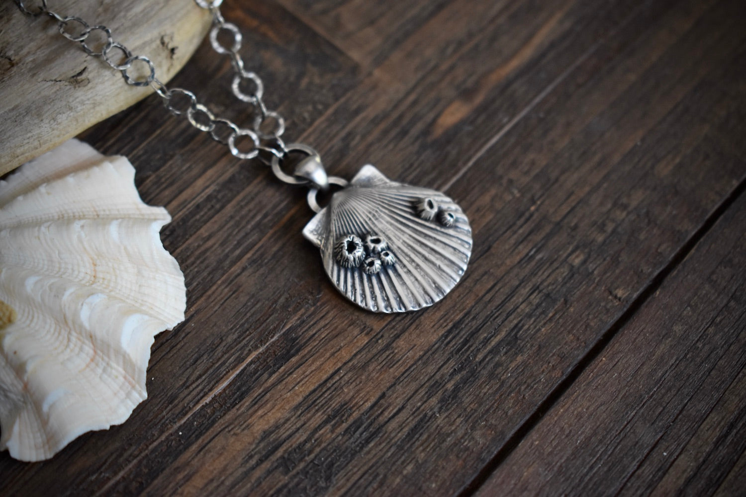 Sterling Scallop with Barnacles and Sea Glass Necklace