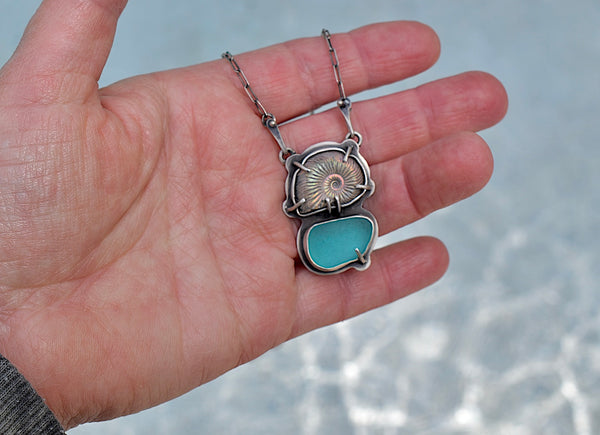 Sea Glass and Ammonite Fossil Necklace